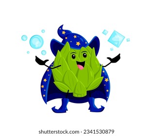 Cartoon Halloween artichoke vegetable mage character. Magical wizard with extraordinary powers, casting spells and enchantments. Vector personage blending culinary delight with mystical abilities