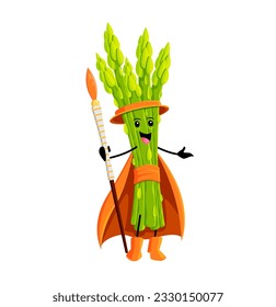 Cartoon Halloween asparagus vegetable sorcerer character. Isolated vector whimsical wizard with magic staff conjuring enchantments or spells. Green veggies wear wiz robe and hat in mystic veg kingdom