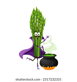 Cartoon Halloween asparagus wizard character. Isolated vector garden plant enchanter wear cloak cooking potion in cauldron. Jovial magician vegetable personage with enchantment magical items