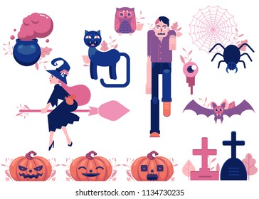 Cartoon halloween autumn holiday symbols set. Black cat, jack o lantern pumpkins flying witch bowl, zombie spider in net, flying owl and bat and cemetory tombstones. Vector illustration