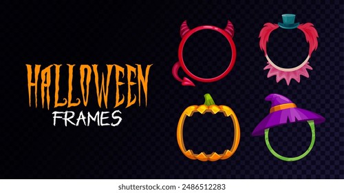 Cartoon Halloween avatar frames and borders vector templates. Trick or treat horror night holiday pumpkin, witch, devil and clown heads. Funny monsters characters avatar frames, Halloween game UI