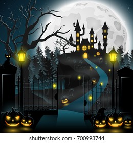 Cartoon halloween background with castle and pumpkin