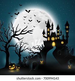 Cartoon halloween background with castle and pumpkin