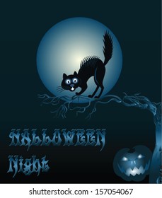 Cartoon Halloween Background with Cat and Pumpkin