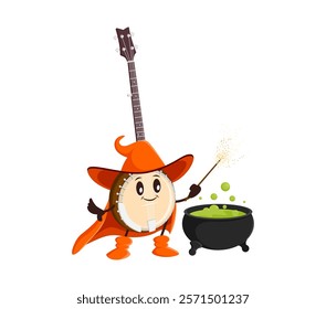 Cartoon Halloween banjo music instrument mage or sorcerer character. Wizard acoustic string music instrument happy mascot. Sorcerer or mage banjo vector character cooking magic potion in cauldron