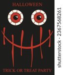 
Cartoon Halloween banner with devil red Smile. Scary holiday poster for party with Demon smiley face. Creepy Halloween concept with Helloween character. Avant-garde Vector illustration.
