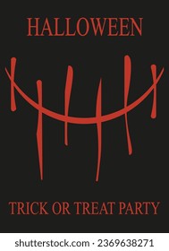 
Cartoon Halloween banner with devil red Smile. Scary holiday poster for party with Demon smiley face. Creepy Halloween concept with Helloween character. Avant-garde Vector illustration.