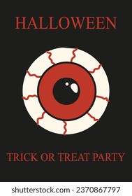 
Cartel de Halloween de caricatura con la sonrisa roja del diablo y los ojos. Afiche de la festividad aterradora para una fiesta con la cara sonriente de Demon. Espeluznante concepto de Halloween con carácter de Helloween. Ilustración vectorial vanguardista.