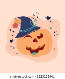 Cartoon halloween banner, cartoon vector greeting card with bat, black raven sitting on pumpkin lantern, potion bottle, feather, amanita mushroom, trick or treat sweets. Happy Halloween holiday design