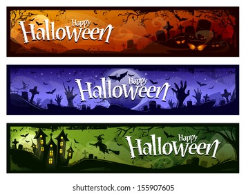 Cartoon halloween banners set. Grunge styled horizontal halloween banners with 'Happy Halloween' typography. Vector illustration. 