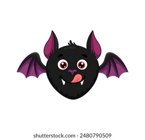 Personaje de emoji de murciélago de Halloween. Emoticono de animal vampiro lindo de Vector aislado con orejas puntiagudas, alas, lengua y ojos rojos, mostrando su vibra juguetona y espeluznante para la celebración de la temporada de fiestas