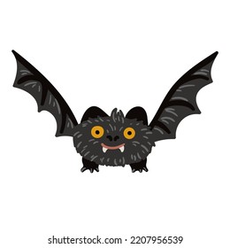 Cartoon Halloween Bat Flying. Cute Baby Character With Big Open Wing, Ears. Forest Animal. Flat Design. Vector Isolated Illustration