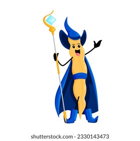 Cartoon halloween bean vegetable mage character. Legumes warlock funny personage, soy bean pod sorcerer or magician isolated vector cheerful mascot holding magic staff, wearing blue cape and hat