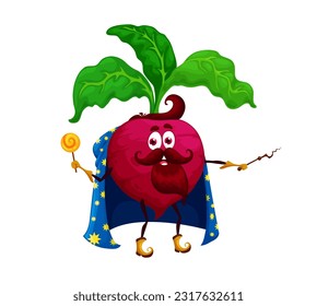 Cartoon Halloween beet beetroot wizard character. Isolated vector farm vegetable clutching mysterious wand and lollipop casts spell perform wonders of nature. Veggies personage dressed in warlock robe