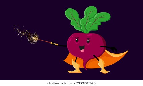 Cartoon Halloween beet vegetable wizard, witch and mage character. Funny vector veggies wiz casting spell with magic stick. Radish sorcerer healthy vitamin food personage for kids menu, book or game