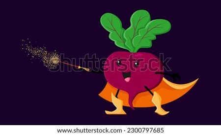 Cartoon Halloween beet vegetable wizard, witch and mage character. Funny vector veggies wiz casting spell with magic stick. Radish sorcerer healthy vitamin food personage for kids menu, book or game