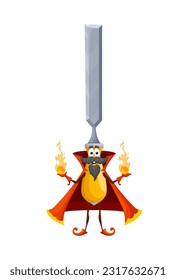 Cartoon halloween bit or chisel tool wizard character. Isolated vector mortice diy, carpentry or construction instrument with magic fireballs. Funny personage dressed in warlock robe celebrate party