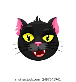 Cartoon Halloween black cat emoji character. Isolated vector cute and eerie feline animal face, emotion with wide yellow eyes and playfully spooky toothy grin, for festive Hallowmas messages and posts