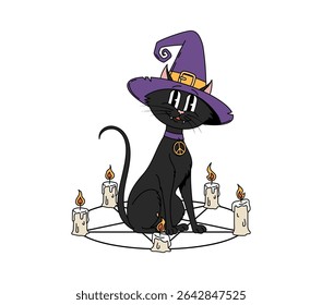 Cartoon Halloween black cat groovy character wearing witch hat surrounded by burning candles, sitting inside of circle with pentagram. Vector holiday, whimsical feline animal exudes spooky retro vibes