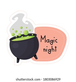 Cartoon Halloween black cauldron with potion Magic night sticker. Vector illustration.