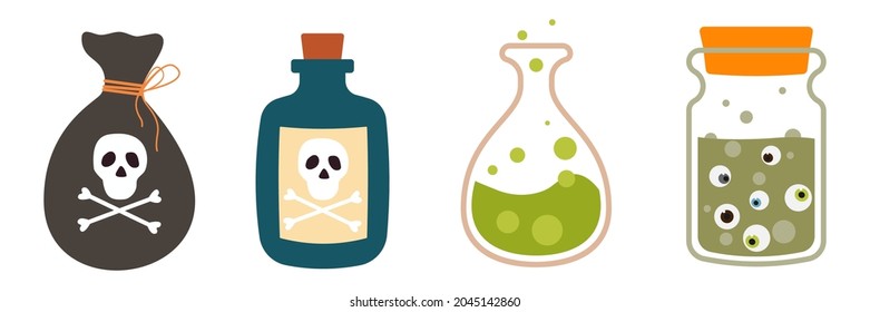 Cartoon Halloween bottles with poison vector set