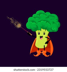 Cartoon Halloween broccoli vegetable wizard, witch and mage character. Vector veggies magician personage wielding a wand, evoking a sense of mystery, wonder and healthy eating habits