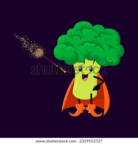 Cartoon Halloween broccoli vegetable wizard, witch and mage character. Vector veggies magician personage wielding a wand, evoking a sense of mystery, wonder and healthy eating habits