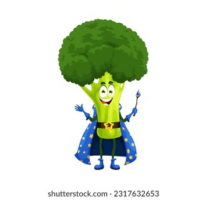 Cartoon Halloween broccoli wizard character. Isolated vector warlock vegetable personage holding spellbinding wand, dressed in blue cape with stars. Natural healthy food, fantasy fairy tale veggies