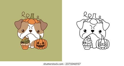 Cartoon Halloween Bulldog Dog Clipart for Coloring Page and Illustration. Happy Clip Art Halloween Puppy. Cute Vector Illustration of a Kawaii Animal for Halloween Stickers. 