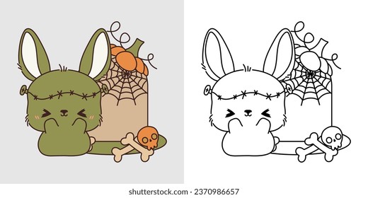 Cartoon Halloween Bunny Clipart for Coloring Page and Illustration. Happy Clip Art Halloween Rabbit. Cute Vector Illustration of a Kawaii Halloween Forest Animal in a Zombie Costume. 