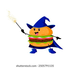 Cartoon Halloween Burger Fast Food Magier, Zauberer und Hexencharakter. Isolierte, skurrile Hamburger-Vektor-Persönlichkeit mit Hut, Mantel und Zauberstab, die geschmackvolle Zauber in einem kulinarischen Bereich auslöst