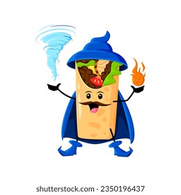 Cartoon Halloween burrito tex mex food wizard and mage character. Isolated vector tasty Mexican roll wear cape and hat wields magical powers. Food wiz personage with a fire and thunderstorm in hands