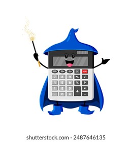 Cartoon Halloween calculator school stationery mage, wizard and witch character. Isolated vector whimsical personage, adorned in a warlock costume, waves a magical wand, casting mathematical spells