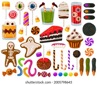 Cartoon halloween candies. Halloween spooky sweets, chocolate candy scary lollipops vector illustration set. Trick or treat sweets snacks. Delicious cupcake dessert, spiral lollipop, chocolate snack