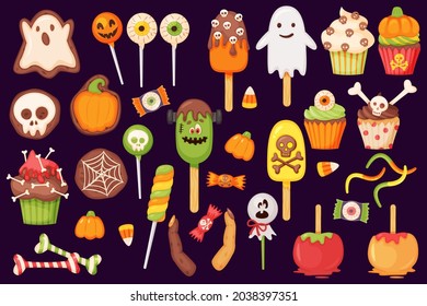 Cartoon halloween candies and sweets, lollipops and cupcakes. Caramel apple, pumpkin and ghost cookie. Autumn holiday sweet treats vector set. Funny horror monsters, eyeballs and fingers