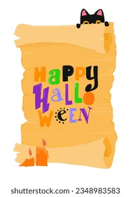 Cartoon Halloween Card with Scroll, Black Cat and Candles