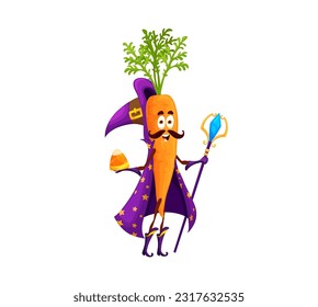 Cartoon halloween carrot wizard character. Isolated vector vegetable personage clutching magic staff and traditional holiday sweet candy corn. Garden plant garbed in warlock attire and pointed hat