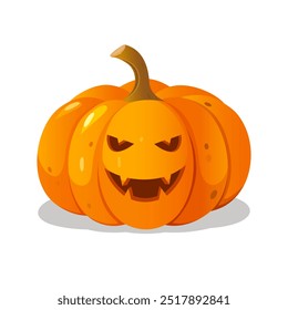 Cartoon Halloween carved pumpkin with angry face expression isolated on white background.