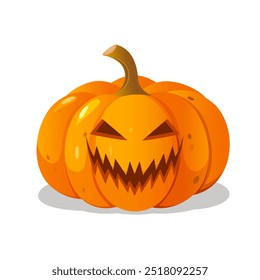 Cartoon Halloween carved pumpkin with angry devil face expression isolated on white background.