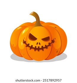 Cartoon Halloween carved pumpkin with creepy face expression isolated on white background.