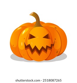 Cartoon Halloween carved pumpkin with creepy face expression isolated on white background.