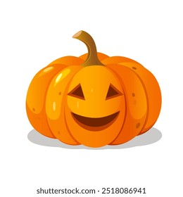 Cartoon Halloween carved pumpkin with cute smiling face expression isolated on white background.