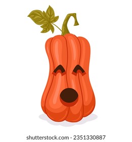 Cartoon Halloween carved pumpkin. Scary pumpkin jack-o-lantern decoration. Halloween spooky pumpkin face flat vector illustration