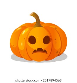 Cartoon Halloween carved pumpkin with shocked face expression isolated on white background.