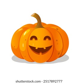 Cartoon Halloween carved pumpkin with smiling face expression isolated on white background.