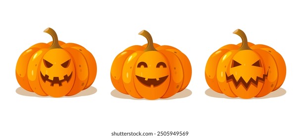 Cartoon Halloween carved pumpkins with different faces expressions isolated on white background.