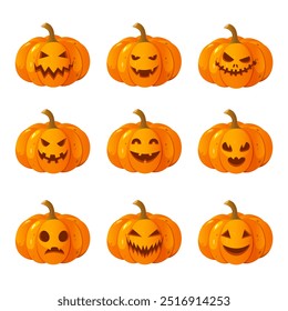 Cartoon Halloween carved pumpkins with different faces expressions isolated on white background.	