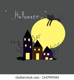 cartoon halloween cat house and moon
