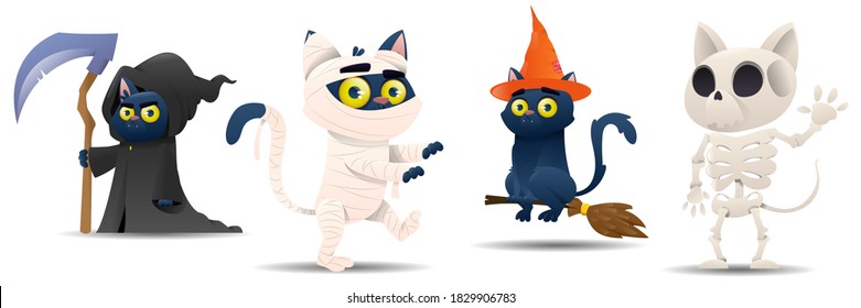 Cartoon halloween cats set. Cats are dressed in a witch, pumpkin, ghost, zombie, skeleton, death costume. Halloween outfit collection. Vector illustration