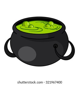 Cartoon Halloween cauldron with green witch's brew isolated on white.